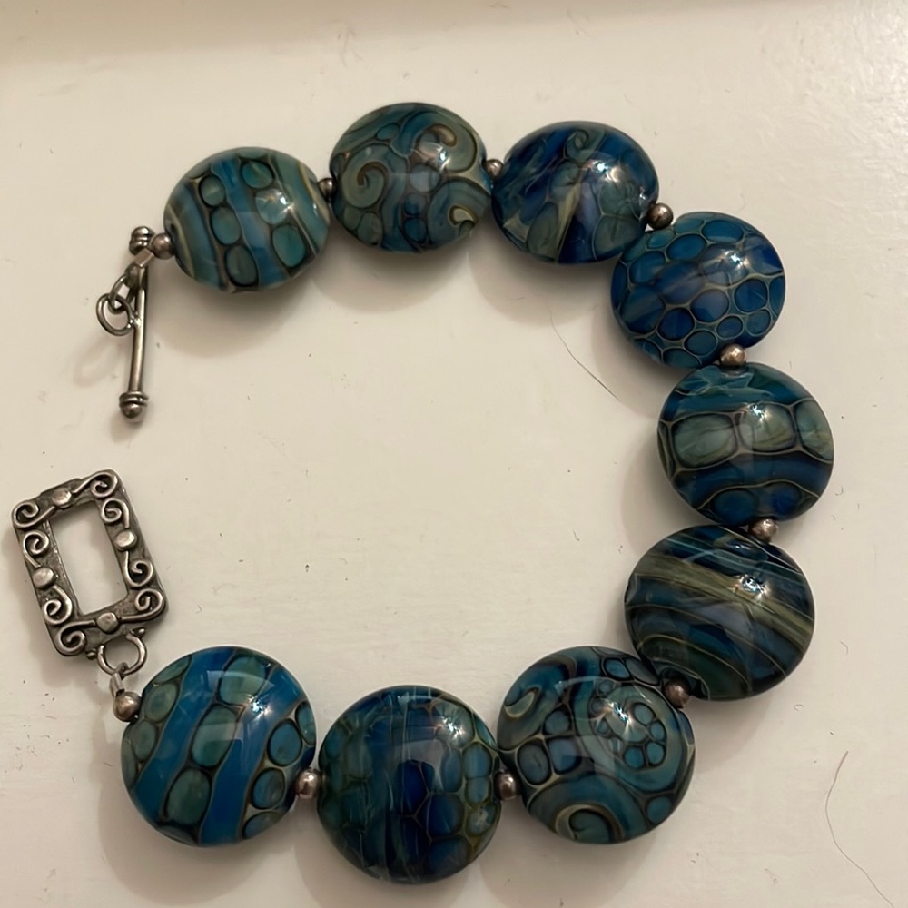 Blue Green Glass Lentil Shaped Bracelet WOW this is a one of a kind